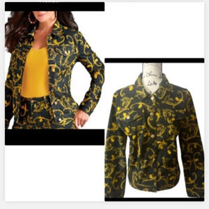 MASSEYS JEAN STYLE BLACK & GOLD PRINT BUTTON UP LONG SLEEVE SIZE XL